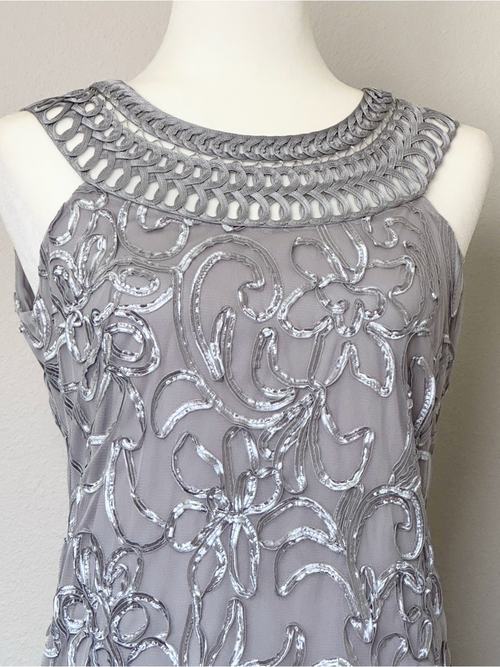 Jessica Howard Silver Sequin Lace Metallic Cocktail Sheath Dress Size 6 - Picture 3 of 7